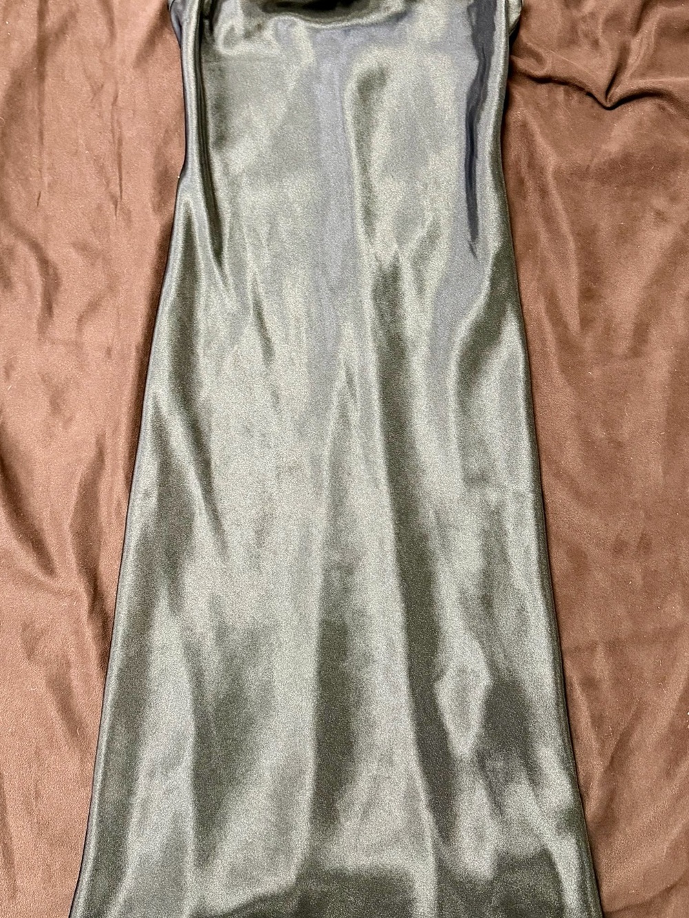 bebe Metallic Olive Green Satin Maxi Slip Dress
